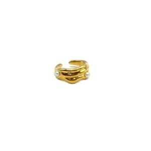 PANDORA. Gold stainless steel ring with wavy design, pearls, and sparkling details. Ατσάλινο δαχτυλίδι, ατσάλινα κοσμήματα, stainless steel rings, stainless steel jewelry