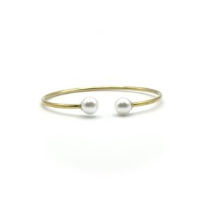 Afroditi. Gold stainless steel bracelet with two elegant white pearls, featuring a minimal and timeless design. Ατσάλινο βραχιόλι, stainless steel jewelry, stainless steel bracelets